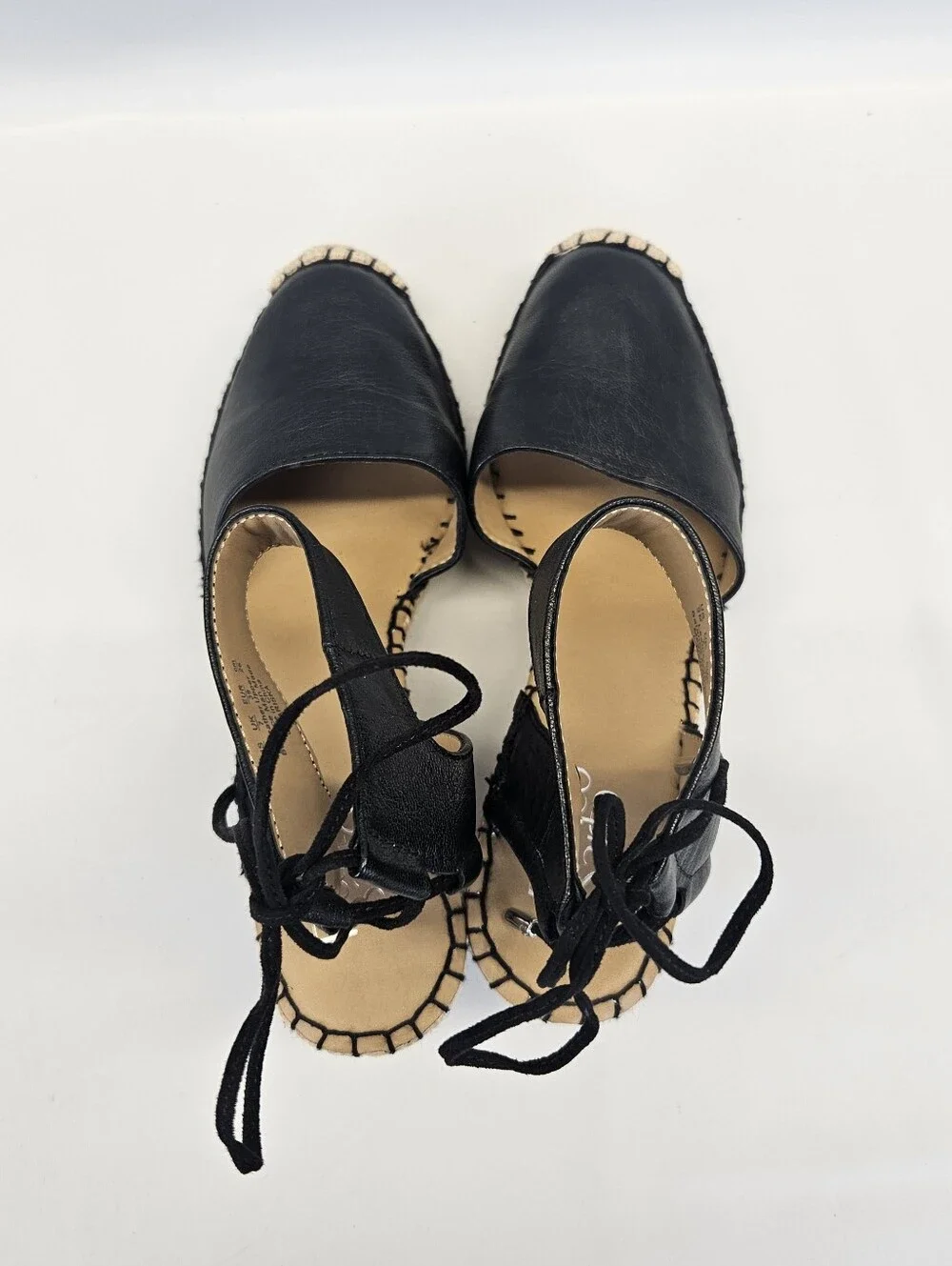 Franco Sarto Black Mariska Leather Espadrille Wedge Sandals Womens Ankle Tie 9